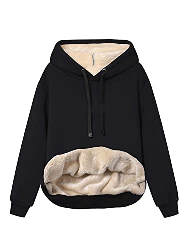 Minetom Hoodie Damen Kapuzenpullover mit Fleece Gefütterte Kuschelig Warmer Innenfutter Sweaterpullover Winter Warm Langarm Pullover Frauen Basic Outwear Fleecepullover mit Kapuze A Schwarz L von Minetom