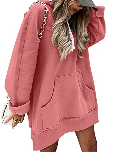 Minetom Hoodie Damen Kleid Kapuzenpullover Lang Hoodie Oversize Pullover Sweatkleid mit Kapuze Langarm Sweatshirtkleid Winter Lange Sweatshirt Kapuzenpulli Mini Kleider mit Taschen Rosa S von Minetom