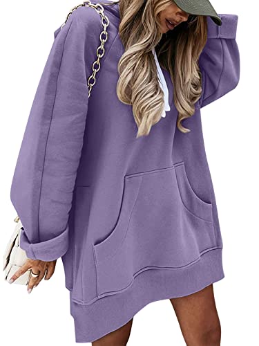 Minetom Hoodie Damen Kleid Kapuzenpullover Lang Hoodie Oversize Pullover Sweatkleid mit Kapuze Langarm Sweatshirtkleid Winter Lange Sweatshirt Kapuzenpulli Mini Kleider mit Taschen Violett L von Minetom