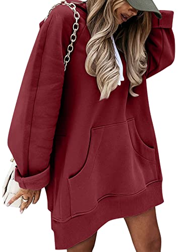 Minetom Hoodie Damen Kleid Kapuzenpullover Lang Hoodie Oversize Pullover Sweatkleid mit Kapuze Langarm Sweatshirtkleid Winter Lange Sweatshirt Kapuzenpulli Mini Kleider mit Taschen Weinrot XL von Minetom