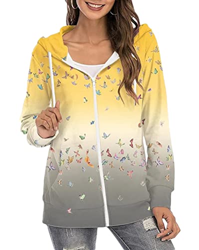 Minetom Hoodie Damen Sweatjacke Langarm Druck Reißverschluss Sweatshirt Kapuzenpullover Kapuzenjacke Pullover Oberteile Übergangsjacke mit Kapuze A Gelb L von Minetom