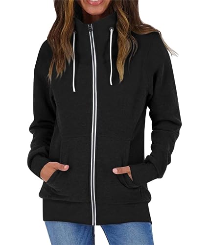 Minetom Hoodie Damen Sweatjacke mit Kapuze Zip Up Hoodie Basic Einfarbig Lose Elegant Lang Oberteile Kapuzenpullover Kapuzenjacke Pullover Jacke Reißverschluss üBergangsjacke A Schwarz 3XL von Minetom