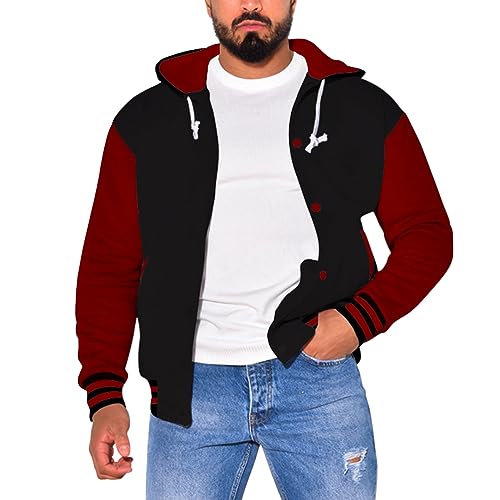 Minetom Hoodie Herren Langarm Baseball Jacke Mit Kapuze Knöpfen College Jacket Sweatjacke Kordelzug Sport Herbst Winter Farbblock Kapuzenjacke A Dunkelrot XL von Minetom