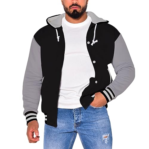 Minetom Hoodie Herren Langarm Baseball Jacke Mit Kapuze Knöpfen College Jacket Sweatjacke Kordelzug Sport Herbst Winter Farbblock Kapuzenjacke A Grau L von Minetom