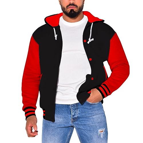 Minetom Hoodie Herren Langarm Baseball Jacke Mit Kapuze Knöpfen College Jacket Sweatjacke Kordelzug Sport Herbst Winter Farbblock Kapuzenjacke A Rot M von Minetom