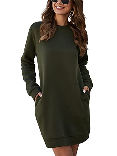 Minetom Hoodie Kleid Damen Kapuzenpullover Kleid Oversize Langarm Einfarbiger Pulloverkleid Mit Kapuze Sweatshirtkleid Mini Kleider Lange Kapuzenpulli Casual Jumper mit Taschen A Armeegrün 3XL von Minetom