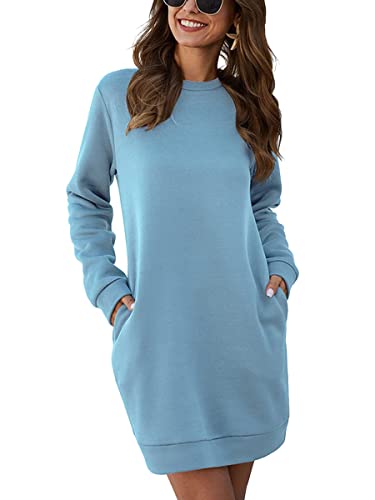 Minetom Hoodie Kleid Damen Kapuzenpullover Kleid Oversize Langarm Einfarbiger Pulloverkleid Mit Kapuze Sweatshirtkleid Mini Kleider Lange Kapuzenpulli Casual Jumper mit Taschen A Blau XL von Minetom