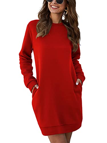 Minetom Hoodie Kleid Damen Kapuzenpullover Kleid Oversize Langarm Einfarbiger Pulloverkleid Mit Kapuze Sweatshirtkleid Mini Kleider Lange Kapuzenpulli Casual Jumper mit Taschen A Rot L von Minetom