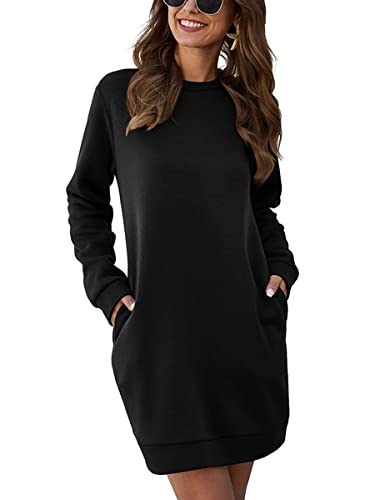 Minetom Hoodie Kleid Damen Kapuzenpullover Kleid Oversize Langarm Einfarbiger Pulloverkleid Mit Kapuze Sweatshirtkleid Mini Kleider Lange Kapuzenpulli Casual Jumper mit Taschen A Schwarz L von Minetom