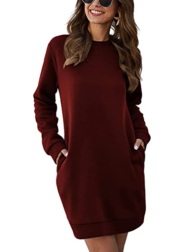 Minetom Hoodie Kleid Damen Kapuzenpullover Kleid Oversize Langarm Einfarbiger Pulloverkleid Mit Kapuze Sweatshirtkleid Mini Kleider Lange Kapuzenpulli Casual Jumper mit Taschen A Weinrot 3XL von Minetom