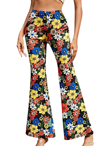 Minetom Hose Damen Boho Strandhose Hippie Blumen Schlaghose Weites Bein Palazzo Sommerhose High Waist Bootcut Freizeithose Schön Blumen Druck Caprihose Elastische Taille Yogahose A Blau XS von Minetom