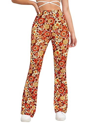 Minetom Hose Damen Boho Strandhose Hippie Blumen Schlaghose Weites Bein Palazzo Sommerhose High Waist Bootcut Freizeithose Schön Blumen Druck Caprihose Elastische Taille Yogahose A Orange XS von Minetom