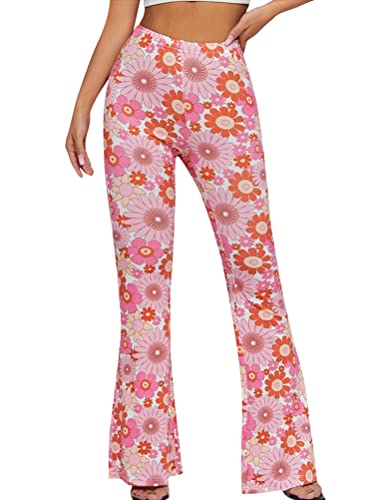 Minetom Hose Damen Boho Strandhose Hippie Blumen Schlaghose Weites Bein Palazzo Sommerhose High Waist Bootcut Freizeithose Schön Blumen Druck Caprihose Elastische Taille Yogahose A Rosa S von Minetom