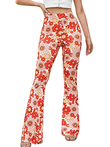 Minetom Hose Damen Boho Strandhose Hippie Blumen Schlaghose Weites Bein Palazzo Sommerhose High Waist Bootcut Freizeithose Schön Blumen Druck Caprihose Elastische Taille Yogahose A Rot L von Minetom