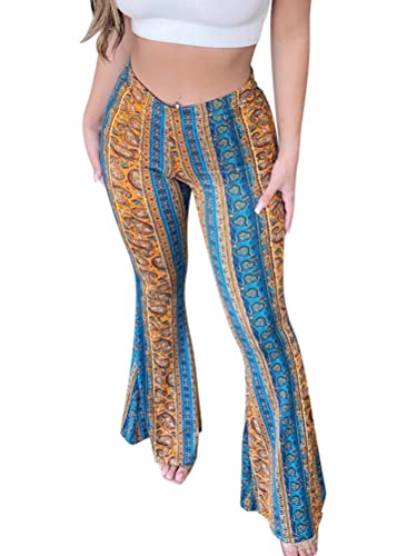 Minetom Hose Damen Boho Strandhose Hippie Blumen Schlaghose Weites Bein Palazzo Sommerhose High Waist Bootcut Freizeithose Schön Blumen Druck Caprihose Elastische Taille Yogahose B Blau L von Minetom