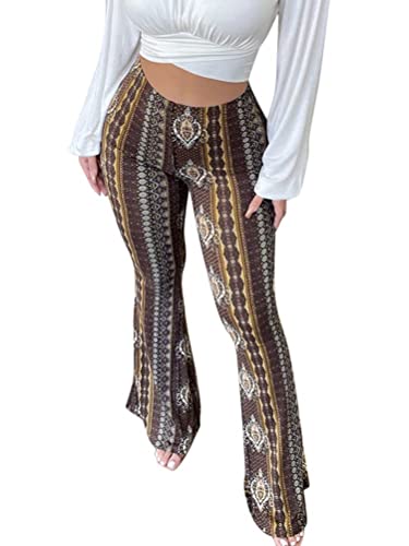 Minetom Hose Damen Boho Strandhose Hippie Blumen Schlaghose Weites Bein Palazzo Sommerhose High Waist Bootcut Freizeithose Schön Blumen Druck Caprihose Elastische Taille Yogahose B Braun L von Minetom