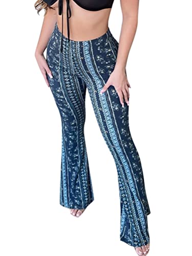 Minetom Hose Damen Boho Strandhose Hippie Blumen Schlaghose Weites Bein Palazzo Sommerhose High Waist Bootcut Freizeithose Schön Blumen Druck Caprihose Elastische Taille Yogahose B Dunkelblau L von Minetom