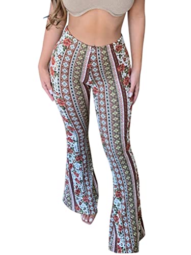 Minetom Hose Damen Boho Strandhose Hippie Blumen Schlaghose Weites Bein Palazzo Sommerhose High Waist Bootcut Freizeithose Schön Blumen Druck Caprihose Elastische Taille Yogahose B Khaki S von Minetom