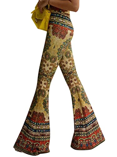 Minetom Hose Damen Boho Strandhose Hippie Blumen Schlaghose Weites Bein Palazzo Sommerhose High Waist Bootcut Freizeithose Schön Blumen Druck Caprihose Elastische Taille Yogahose D Khaki S von Minetom