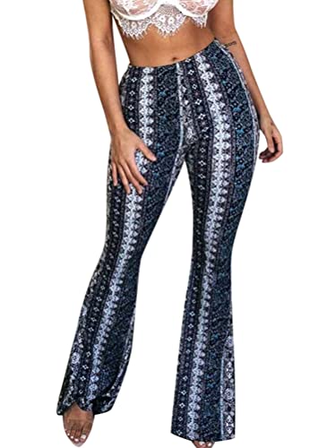 Minetom Hose Damen Boho Strandhose Hippie Blumen Schlaghose Weites Bein Palazzo Sommerhose High Waist Bootcut Freizeithose Schön Blumen Druck Caprihose Elastische Taille Yogahose E Blau M von Minetom