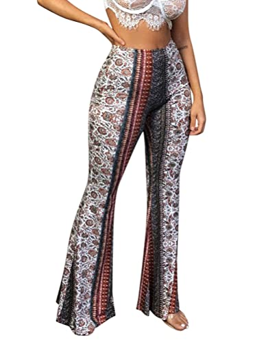 Minetom Hose Damen Boho Strandhose Hippie Blumen Schlaghose Weites Bein Palazzo Sommerhose High Waist Bootcut Freizeithose Schön Blumen Druck Caprihose Elastische Taille Yogahose E Khaki M von Minetom