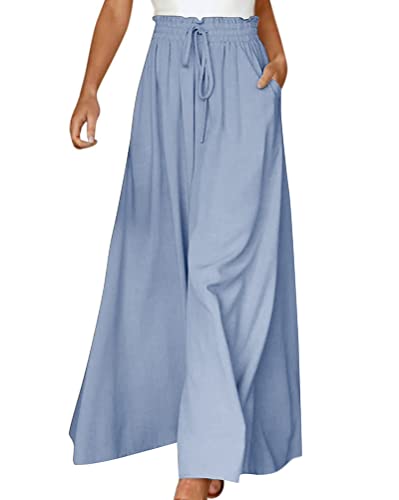 Minetom Hose Damen Chiffon Kordelzug High Waist Plissee Weites Bein Lang Hose Mit Taschen Palazzo Einfarbig Culottes-Hose Strandhose Lose Lässige Freizeithose D Blau L von Minetom