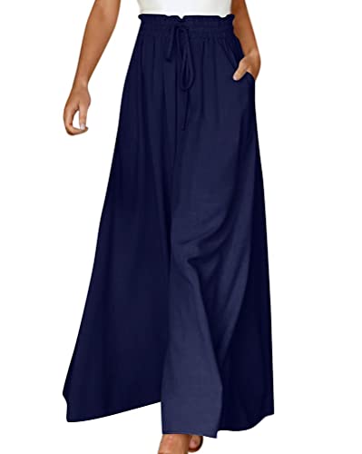 Minetom Hose Damen Chiffon Kordelzug High Waist Plissee Weites Bein Lang Hose Mit Taschen Palazzo Einfarbig Culottes-Hose Strandhose Lose Lässige Freizeithose D Marine XL von Minetom