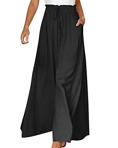 Minetom Hose Damen Chiffon Kordelzug High Waist Plissee Weites Bein Lang Hose Mit Taschen Palazzo Einfarbig Culottes-Hose Strandhose Lose Lässige Freizeithose D Schwarz XXL von Minetom