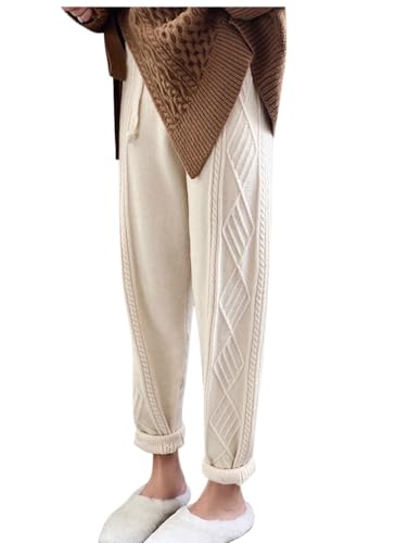 Minetom Damen Strickhose Elastisch Warme Gerade Stricken Hose Herbst Winter Stretch Freizeithose Elegant Hohe Taille Einfarbig Hose A Beige XL von Minetom
