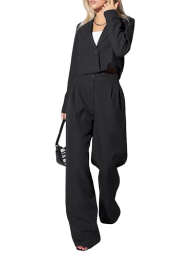 Minetom Hosenanzüge für Damen Elegant Zweiteiler Anzug Set Festlich Business Büro Outfit 2-teilig Jacke Kurzer Blazer und Hose A Schwarz M von Minetom