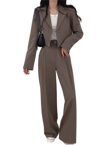 Minetom Hosenanzug Damen Anzug Set Zweiteiliger Elegant Kurze Jacke Outfit Blazer Hose 2-teilig Einfarbig Langarm Büro Business Anzugjacke Hosen B Braun XL von Minetom