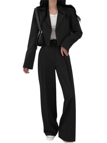 Minetom Hosenanzug Damen Anzug Set Zweiteiliger Elegant Kurze Jacke Outfit Blazer Hose 2-teilig Einfarbig Langarm Büro Business Anzugjacke Hosen B Schwarz XXL von Minetom