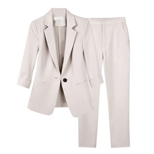 Minetom Hosenanzug Damen Anzug Set Zweiteiliger Elegant Revers Büro Business Outfit Blazer Hose 2-teilig Langarm Anzugjacke Hosen B Beige M von Minetom