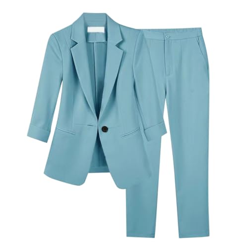 Minetom Hosenanzug Damen Anzug Set Zweiteiliger Elegant Revers Büro Business Outfit Blazer Hose 2-teilig Langarm Anzugjacke Hosen B Blau S von Minetom
