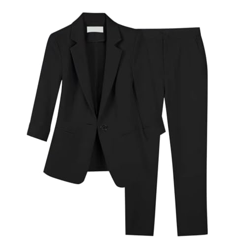 Minetom Hosenanzug Damen Anzug Set Zweiteiliger Elegant Revers Büro Business Outfit Blazer Hose 2-teilig Langarm Anzugjacke Hosen B Schwarz L von Minetom