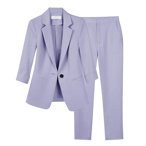 Minetom Hosenanzug Damen Anzug Set Zweiteiliger Elegant Revers Büro Business Outfit Blazer Hose 2-teilig Langarm Anzugjacke Hosen B Violett L von Minetom