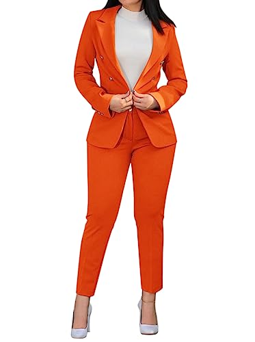 Minetom Hosenanzug Damen Anzug Set Zweiteiliger Elegant Revers Business Büro Formal Blazer Hose 2-teilig Slim Fit Langarm Anzugjacke 2 Stück A Orange L von Minetom