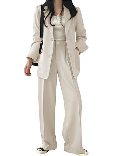 Minetom Hosenanzug Damen Anzug Set Zweiteiliger Elegant Revers Business Büro Formal Blazer Hose 2-teilig Slim Fit Langarm Anzugjacke 2 Stück B Beige L von Minetom