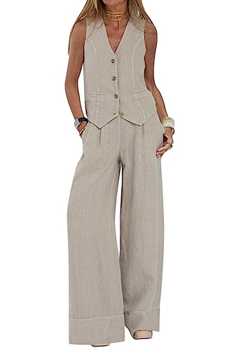 Minetom Hosenanzug Damen Zweiteiliger Anzug Set Elegant V-Ausschnitt Ärmellos Blazer Weste und Hose 2 Stück Casual Leinen Outfit Sets Streetwear A Beige S von Minetom