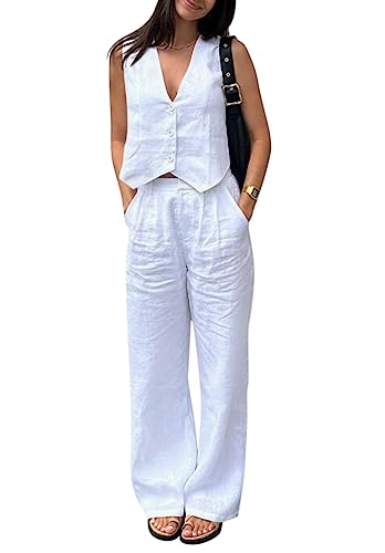 Minetom Hosenanzug Damen Zweiteiliger Anzug Set Elegant V-Ausschnitt Ärmellos Blazer Weste und Hose 2 Stück Casual Leinen Outfit Sets Streetwear C Weiß L von Minetom