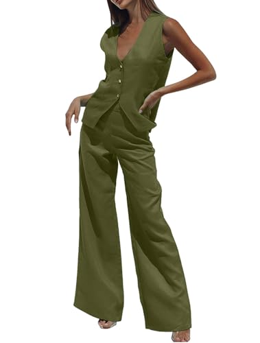 Minetom Hosenanzug Damen Zweiteiliger Anzug Set Elegant V-Ausschnitt Ärmellos Blazer Weste und Hose 2 Stück Casual Leinen Outfit Sets Streetwear D Armeegrün M von Minetom
