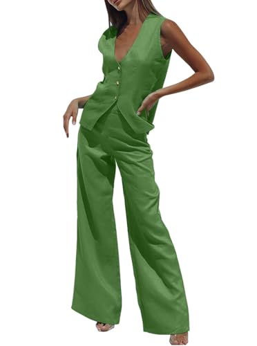 Minetom Hosenanzug Damen Zweiteiliger Anzug Set Elegant V-Ausschnitt Ärmellos Blazer Weste und Hose 2 Stück Casual Leinen Outfit Sets Streetwear D Grün M von Minetom