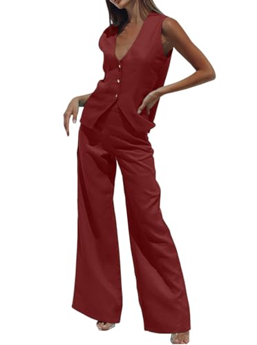 Minetom Hosenanzug Damen Zweiteiliger Anzug Set Elegant V-Ausschnitt Ärmellos Blazer Weste und Hose 2 Stück Casual Leinen Outfit Sets Streetwear D Rot L von Minetom