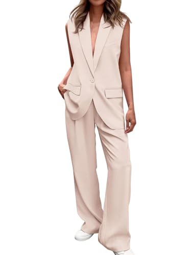 Minetom Hosenanzug Damen Zweiteiliger Anzug Set Elegant V-Ausschnitt Ärmellos Blazer Weste und Hose 2 Stück Casual Leinen Outfit Sets Streetwear E Beige M von Minetom