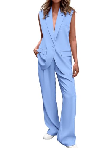 Minetom Hosenanzug Damen Zweiteiliger Anzug Set Elegant V-Ausschnitt Ärmellos Blazer Weste und Hose 2 Stück Casual Leinen Outfit Sets Streetwear E Blau XL von Minetom