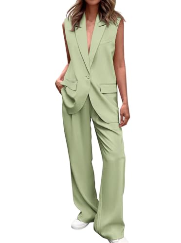 Minetom Hosenanzug Damen Zweiteiliger Anzug Set Elegant V-Ausschnitt Ärmellos Blazer Weste und Hose 2 Stück Casual Leinen Outfit Sets Streetwear E Hellgrün L von Minetom