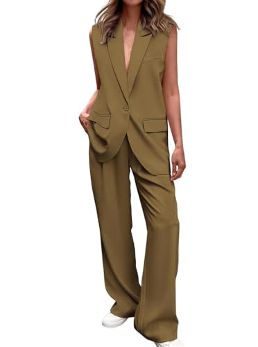 Minetom Hosenanzug Damen Zweiteiliger Anzug Set Elegant V-Ausschnitt Ärmellos Blazer Weste und Hose 2 Stück Casual Leinen Outfit Sets Streetwear E Kaffee M von Minetom