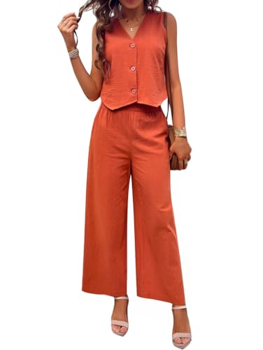 Minetom Hosenanzug Damen Zweiteiliger Anzug Set Elegant V-Ausschnitt Ärmellos Blazer Weste und Hose 2 Stück Casual Leinen Outfit Sets Streetwear F Orange XS von Minetom