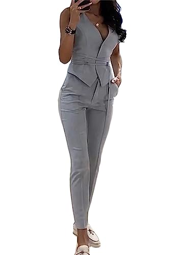 Minetom Hosenanzug Damen Zweiteiliger Anzug Set Elegant V-Ausschnitt Ärmellos Blazer Weste und Hose 2 Stück Casual Outfit Sets B Grau S von Minetom