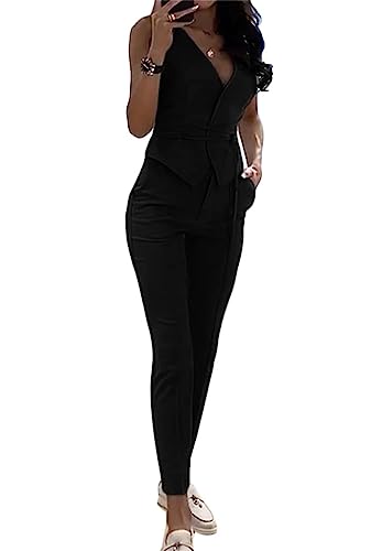 Minetom Hosenanzug Damen Zweiteiliger Anzug Set Elegant V-Ausschnitt Ärmellos Blazer Weste und Hose 2 Stück Casual Outfit Sets B Schwarz L von Minetom